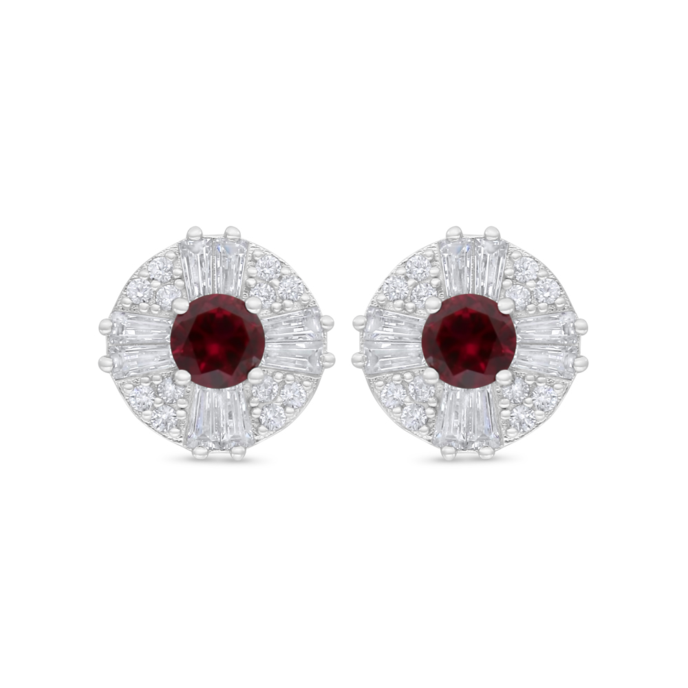 Sterling Silver 925 Earring Rhodium Plated Embedded With Ruby Corundum And White Zircon