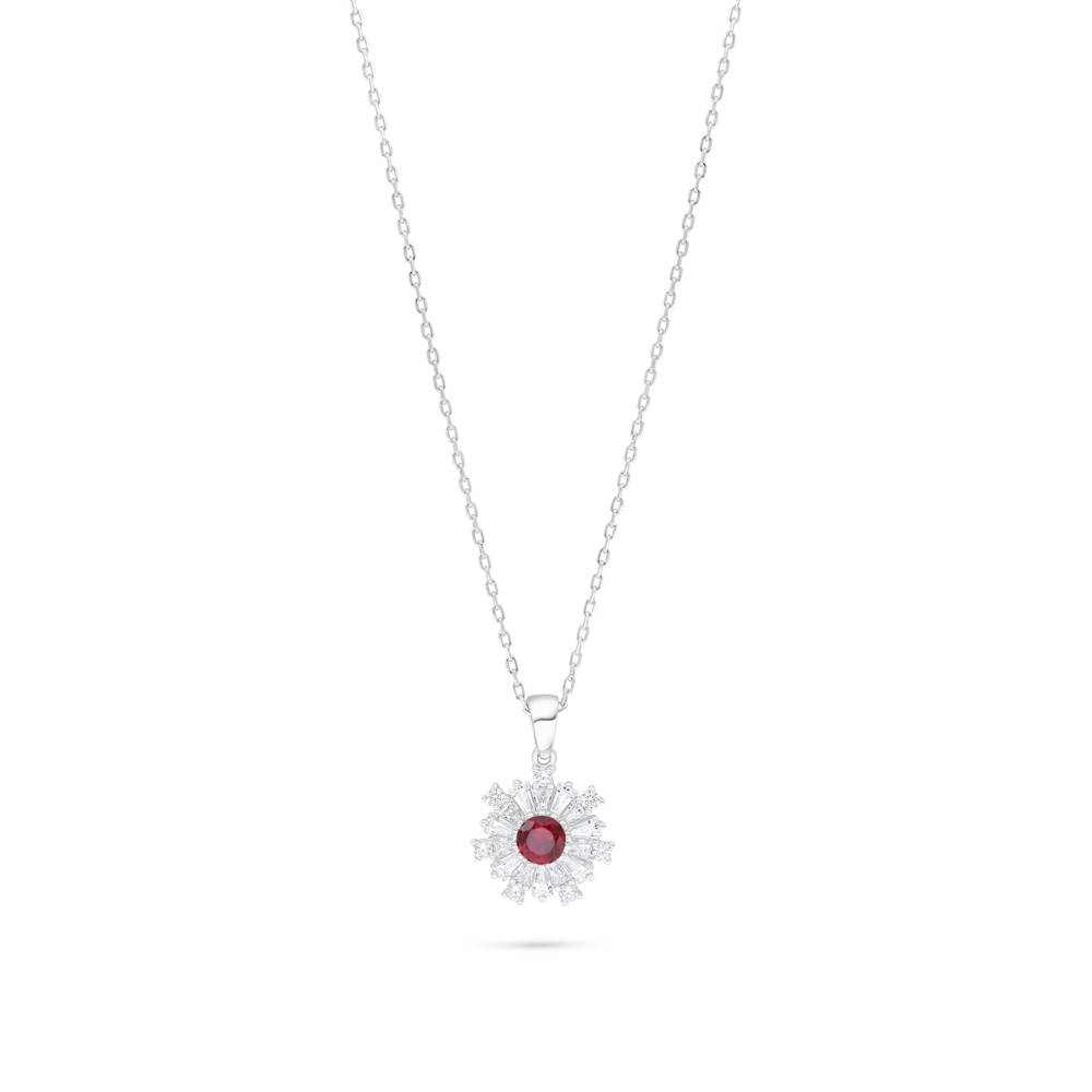 Sterling Silver 925 Necklace Rhodium Plated Embedded With Ruby Corundum And White Zircon