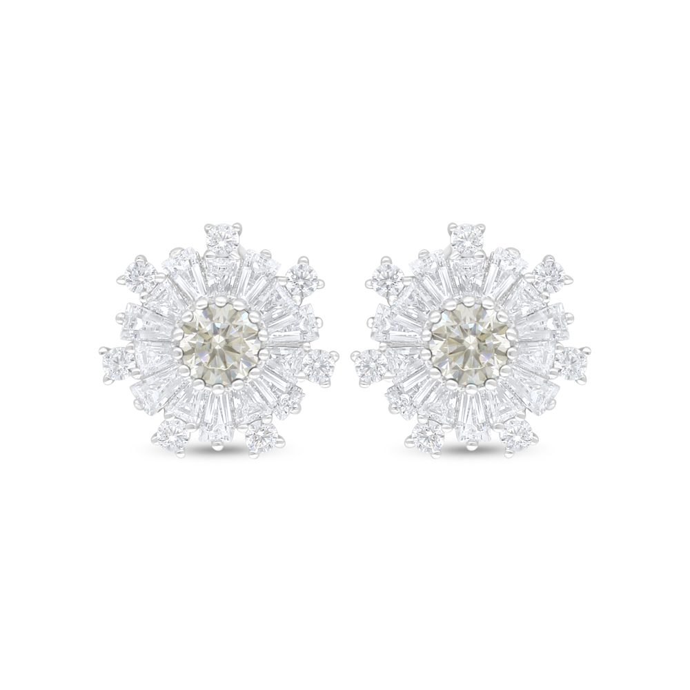 Sterling Silver 925 Earring Rhodium Plated Embedded With Yellow Diamond And White Zircon