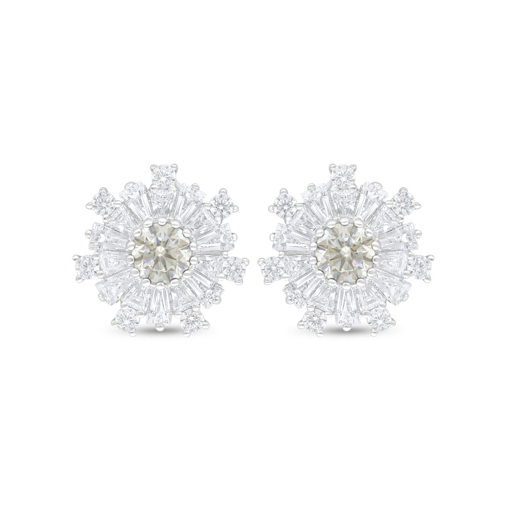 Sterling Silver 925 Earring Rhodium Plated Embedded With Yellow Diamond And White Zircon