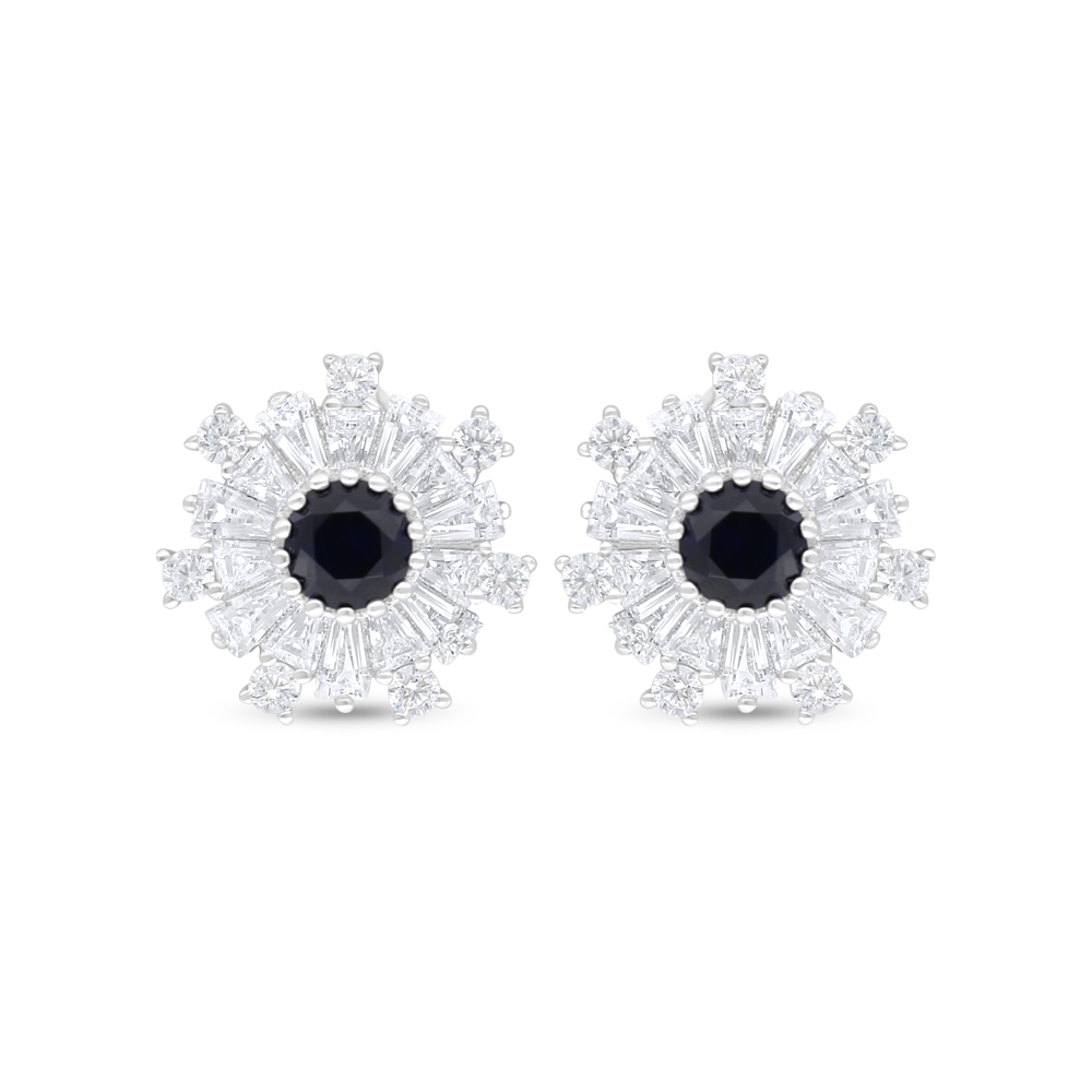 Sterling Silver 925 Earring Rhodium Plated Embedded With Sapphire Corundum And White Zircon