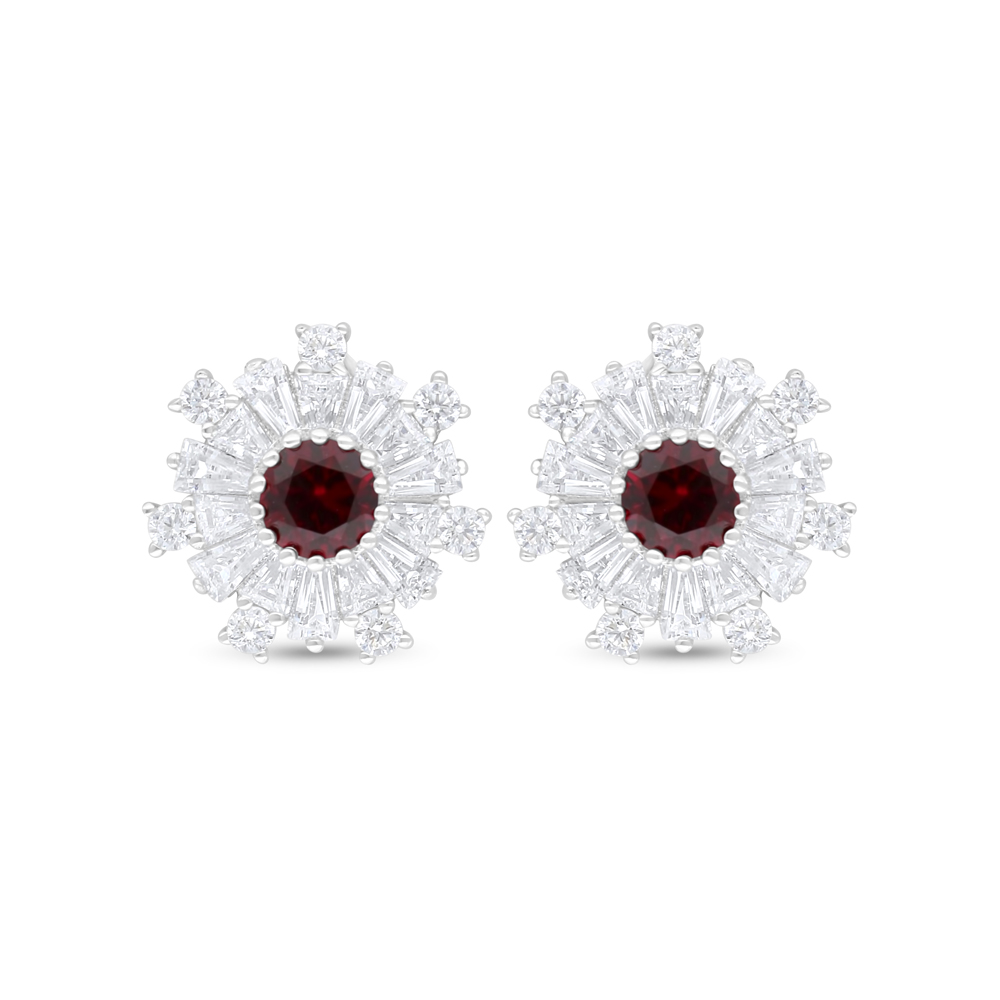 Sterling Silver 925 Earring Rhodium Plated Embedded With Ruby Corundum And White Zircon