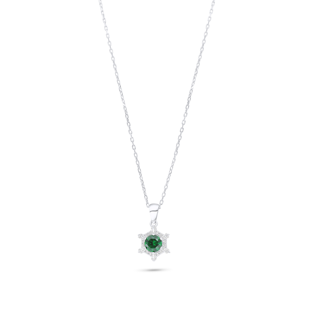 Sterling Silver 925 Necklace Rhodium Plated Embedded With Emerald Zircon And White Zircon