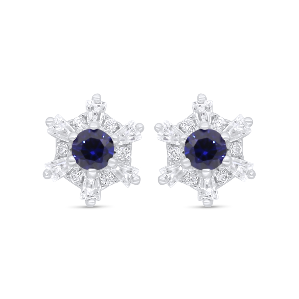 Sterling Silver 925 Earring Rhodium Plated Embedded With Sapphire Corundum And White Zircon