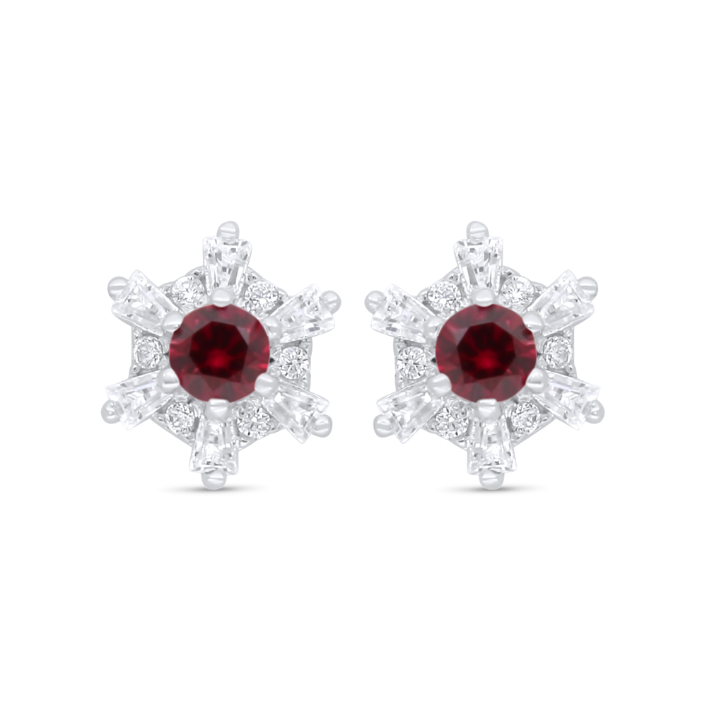 Sterling Silver 925 Earring Rhodium Plated Embedded With Ruby Corundum And White Zircon