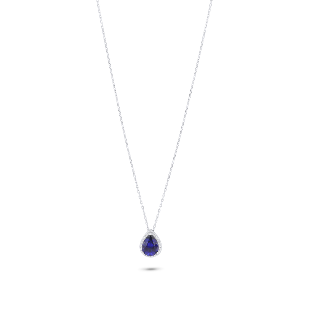 Sterling Silver 925 Necklace Rhodium Plated Embedded With Sapphire Corundum And White Zircon