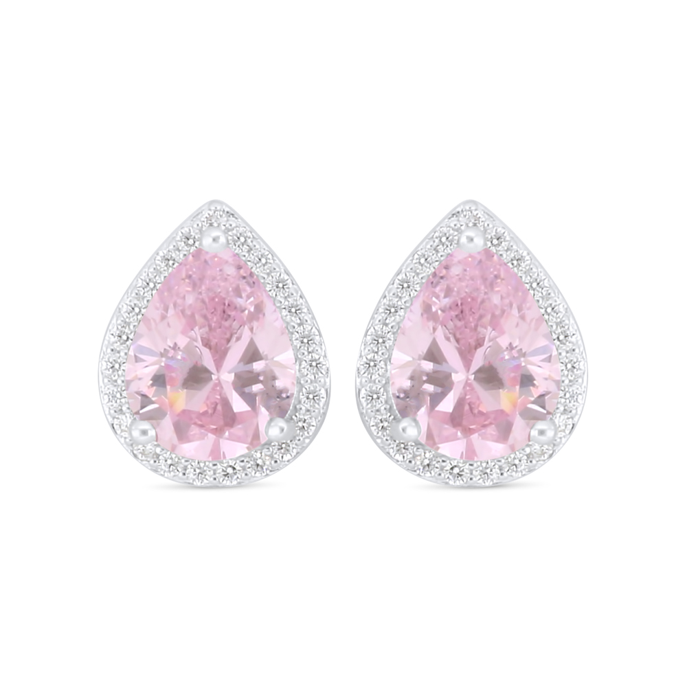 Sterling Silver 925 Earring Rhodium Plated Embedded With Pink Zircon And White Zircon