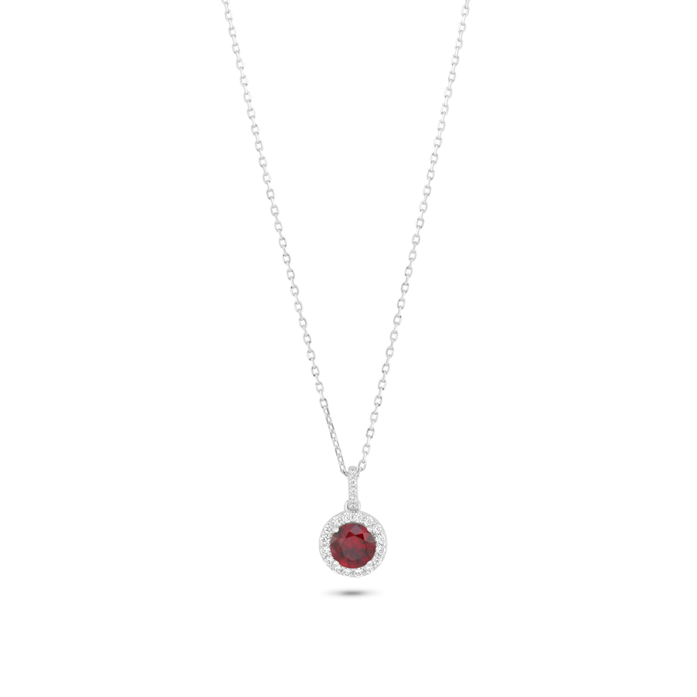 Sterling Silver 925 Necklace Rhodium Plated Embedded With Ruby Corundum And White Zircon