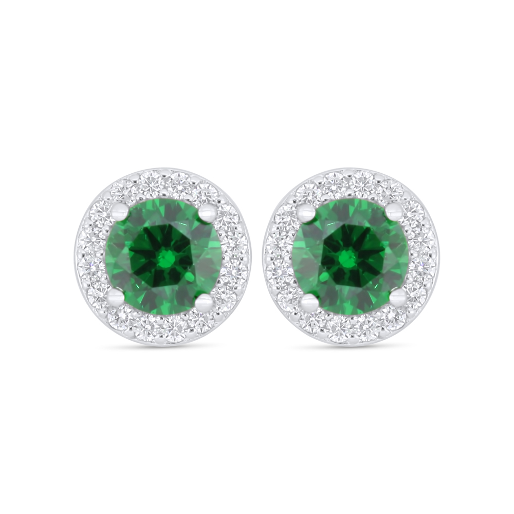 Sterling Silver 925 Earring Rhodium Plated Embedded With Emerald Zircon And White Zircon