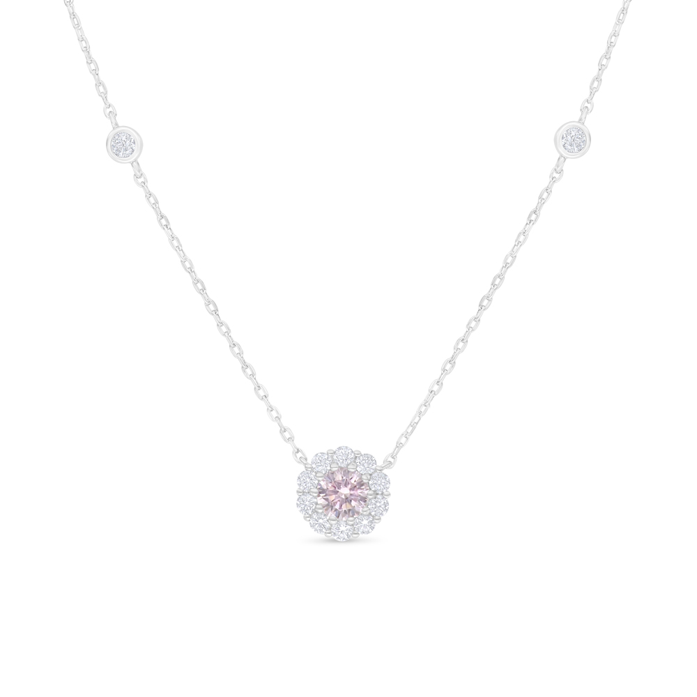 Sterling Silver 925 Necklace Rhodium Plated Embedded With Pink Zircon And White Zircon