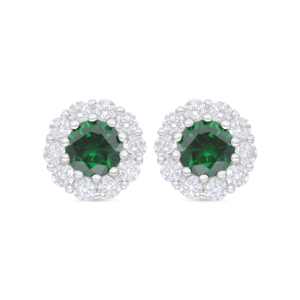 Sterling Silver 925 Earring Rhodium Plated Embedded With Emerald Zircon And White Zircon