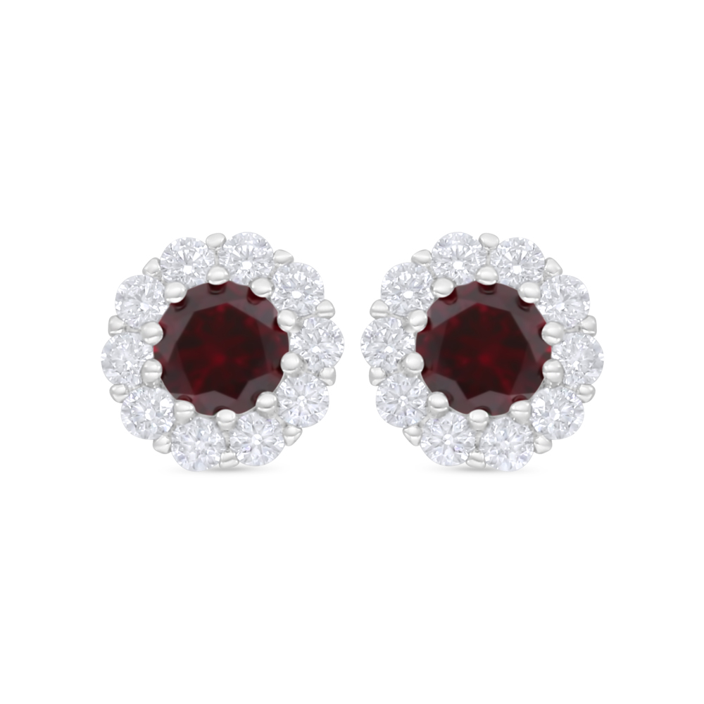 Sterling Silver 925 Earring Rhodium Plated Embedded With Ruby Corundum And White Zircon