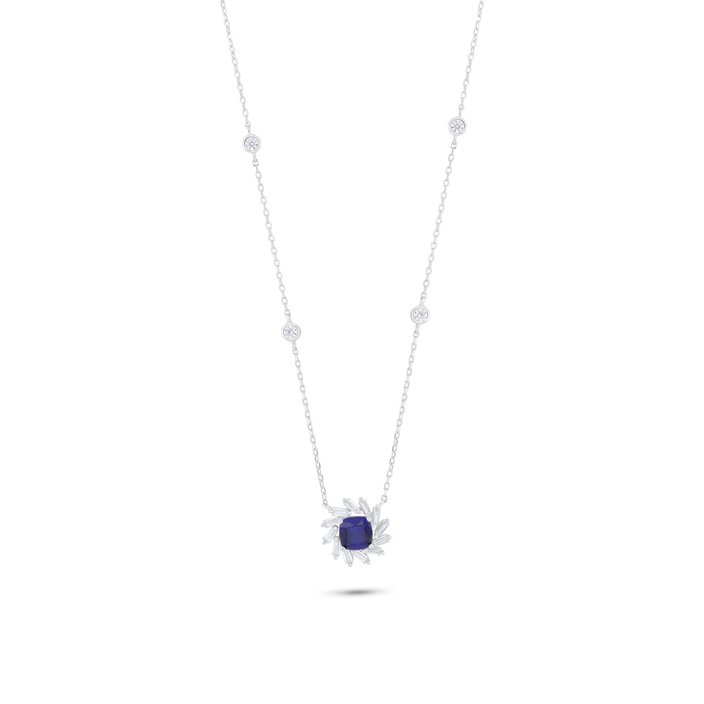 Sterling Silver 925 Necklace Rhodium Plated Embedded With Sapphire Corundum And White Zircon