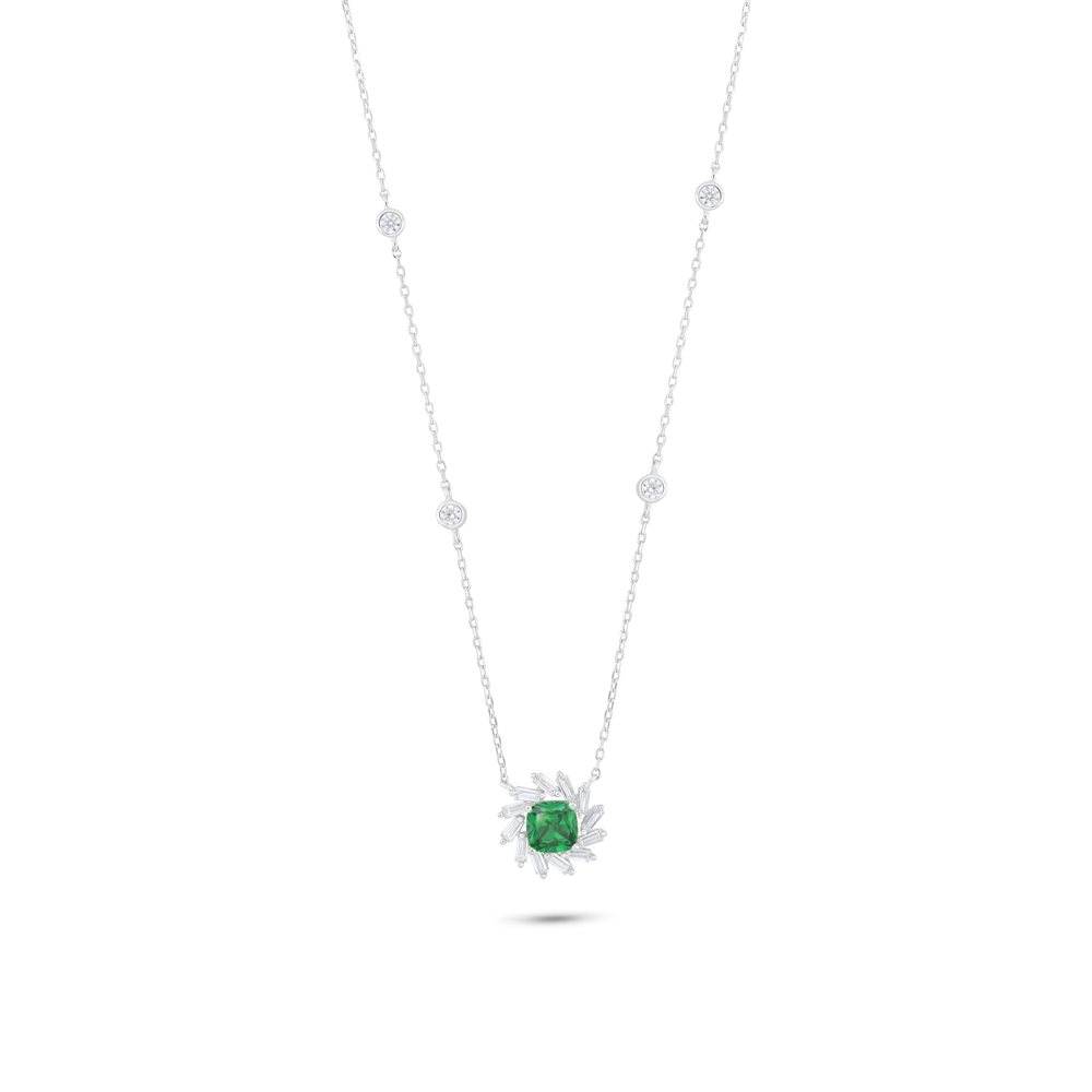 Sterling Silver 925 Necklace Rhodium Plated Embedded With Emerald Zircon And White Zircon