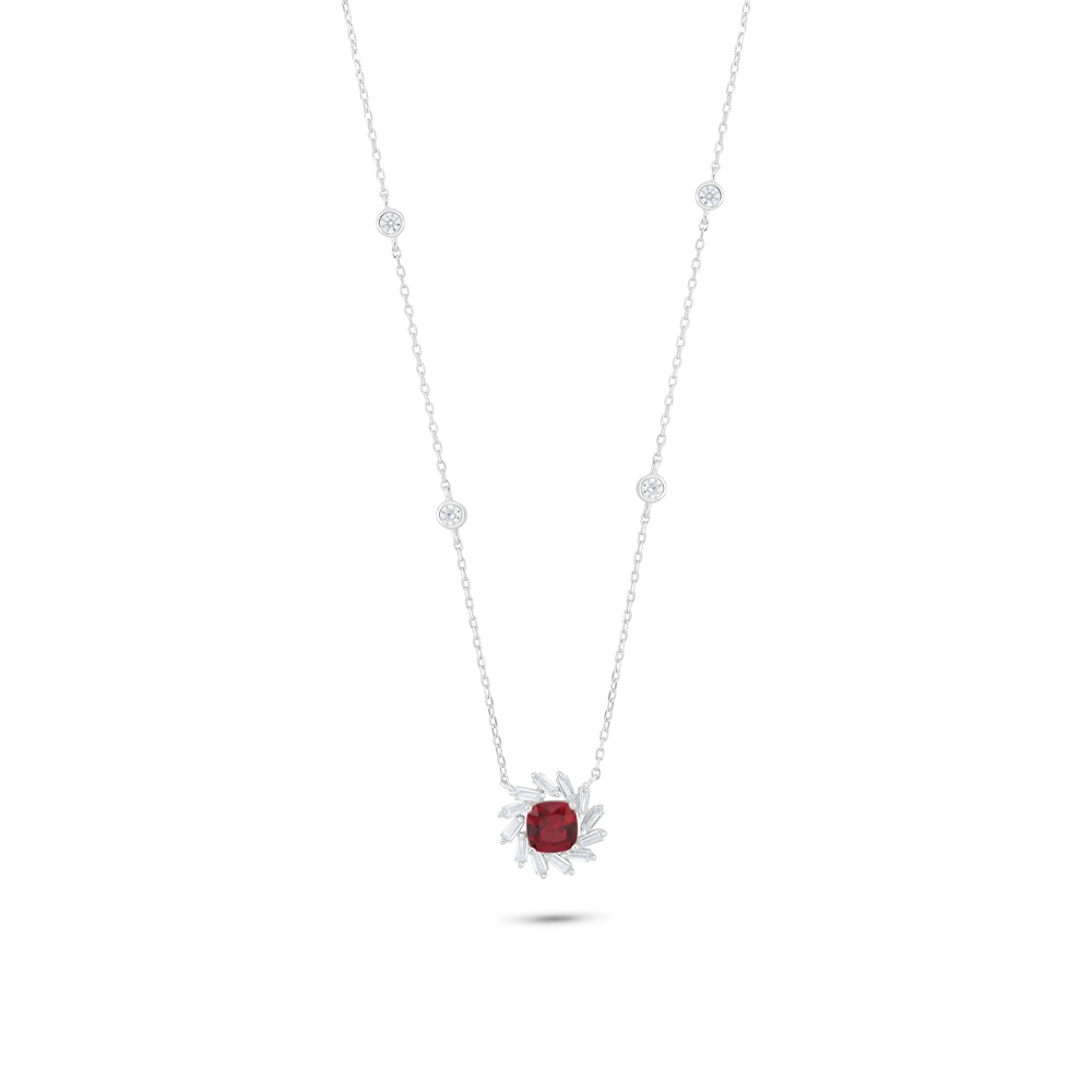 Sterling Silver 925 Necklace Rhodium Plated Embedded With Ruby Corundum And White Zircon