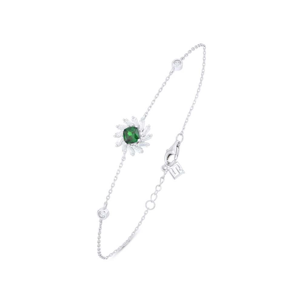 Sterling Silver 925 Bracelet Rhodium Plated Embedded With Emerald Zircon And White Zircon