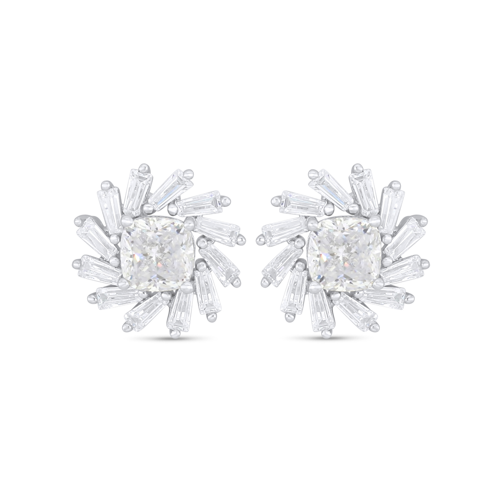Sterling Silver 925 Earring Rhodium Plated Embedded With White Zircon