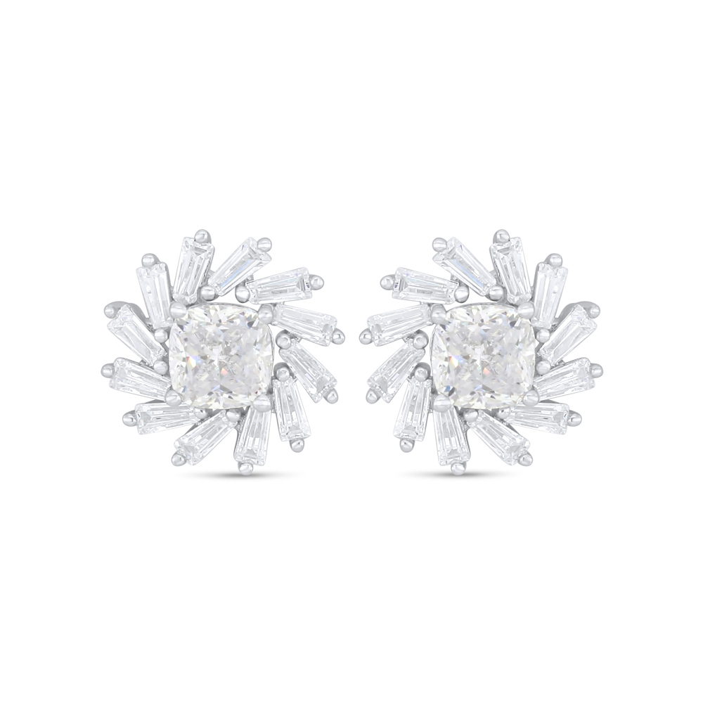 Sterling Silver 925 Earring Rhodium Plated Embedded With White Zircon