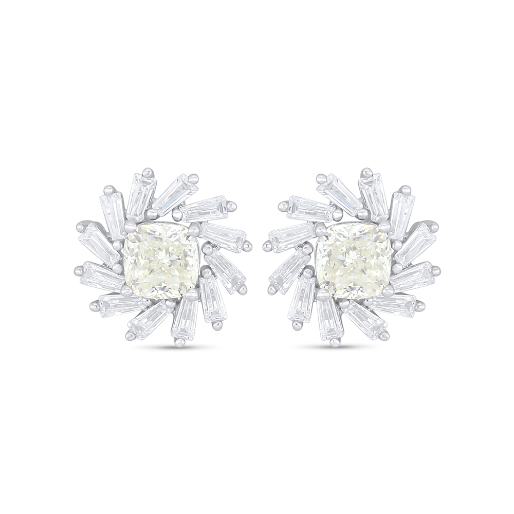 Sterling Silver 925 Earring Rhodium Plated Embedded With Yellow Diamond And White Zircon