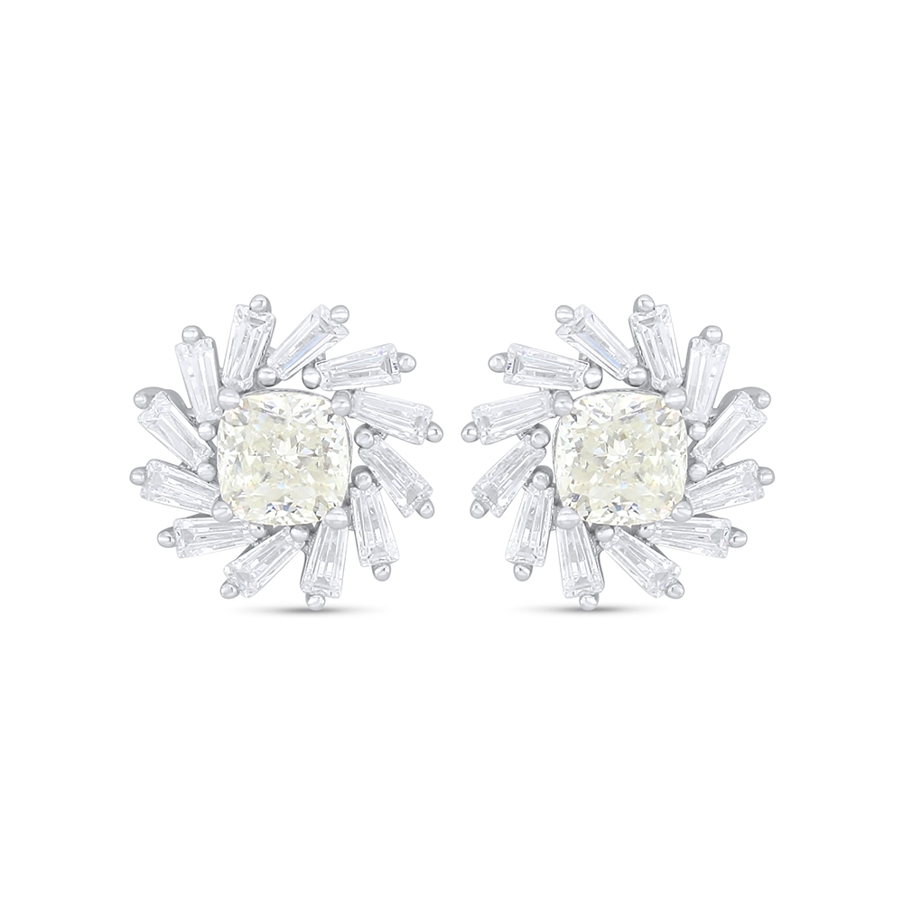 Sterling Silver 925 Earring Rhodium Plated Embedded With Yellow Diamond And White Zircon