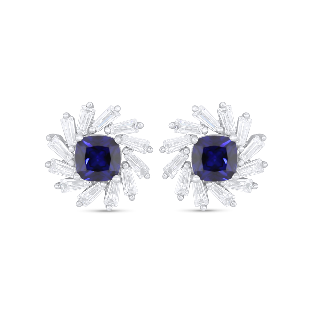 Sterling Silver 925 Earring Rhodium Plated Embedded With Sapphire Corundum And White Zircon