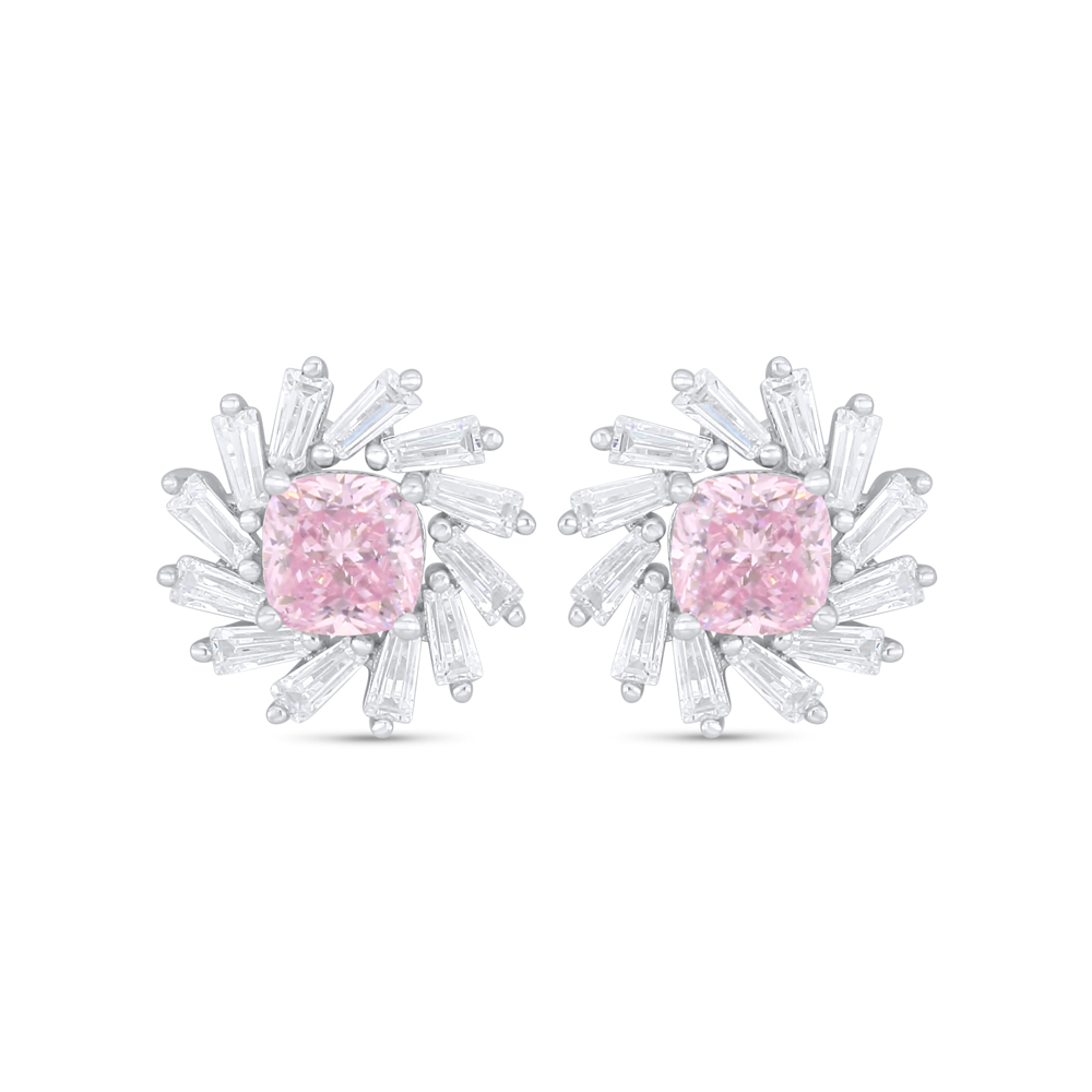 Sterling Silver 925 Earring Rhodium Plated Embedded With Pink Zircon And White Zircon