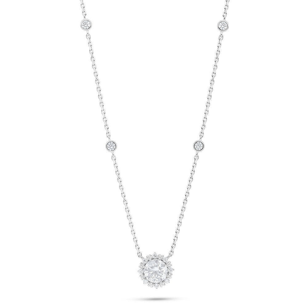 Sterling Silver 925 Necklace Rhodium Plated Embedded With White Zircon