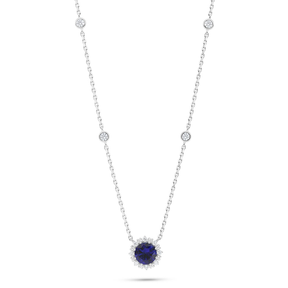 Sterling Silver 925 Necklace Rhodium Plated Embedded With Sapphire Corundum And White Zircon