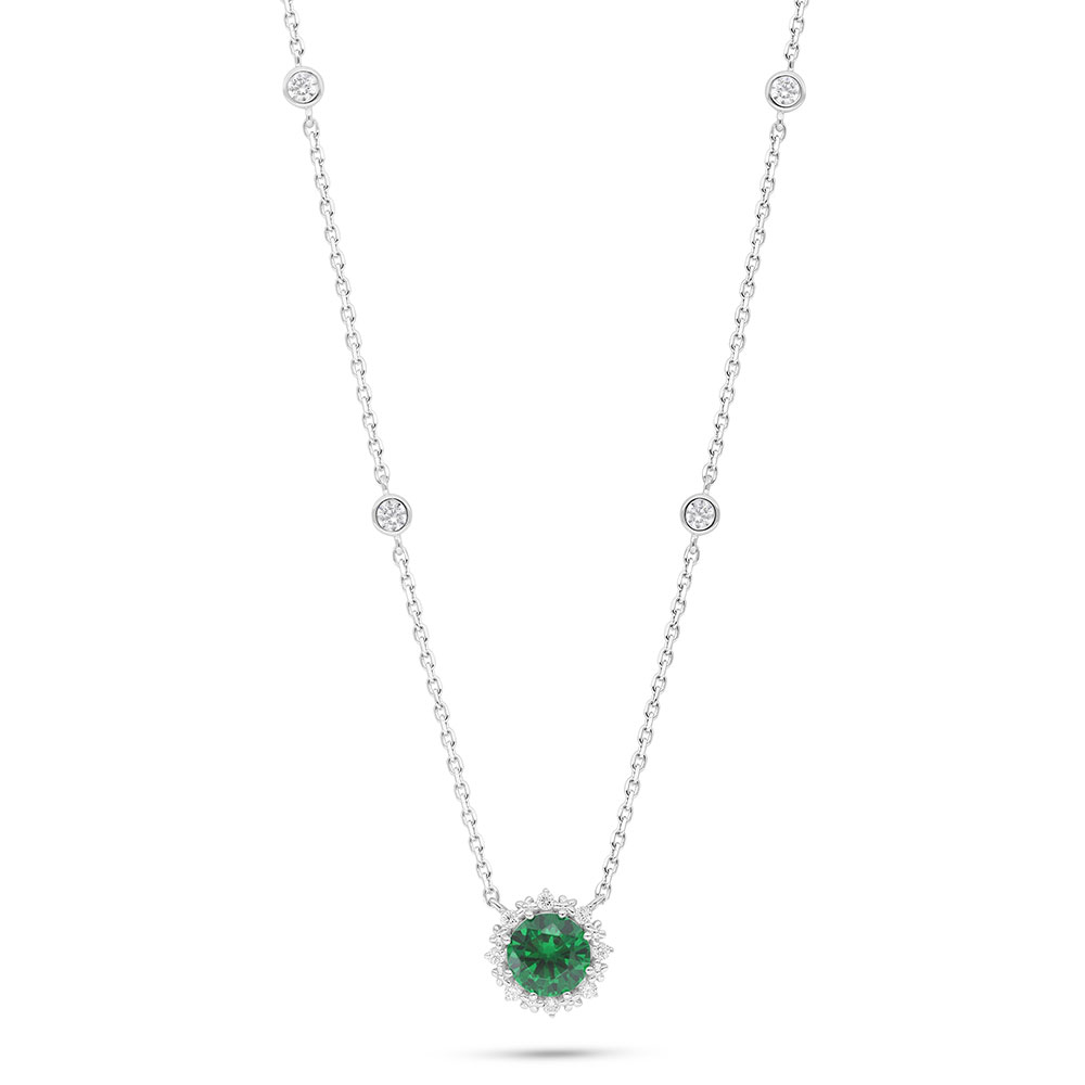 Sterling Silver 925 Necklace Rhodium Plated Embedded With Emerald Zircon And White Zircon