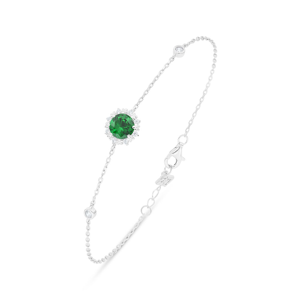 Sterling Silver 925 Bracelet Rhodium Plated Embedded With Emerald Zircon And White Zircon