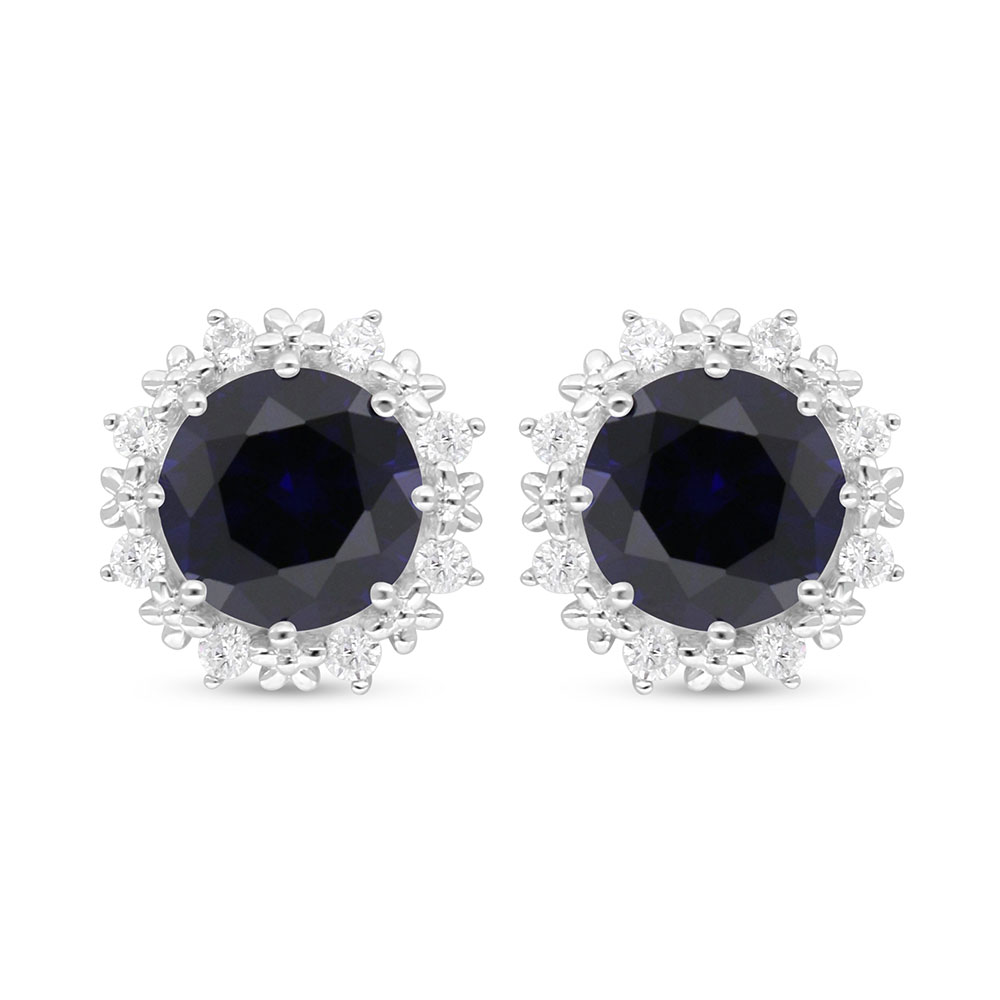 Sterling Silver 925 Earring Rhodium Plated Embedded With Sapphire Corundum And White Zircon