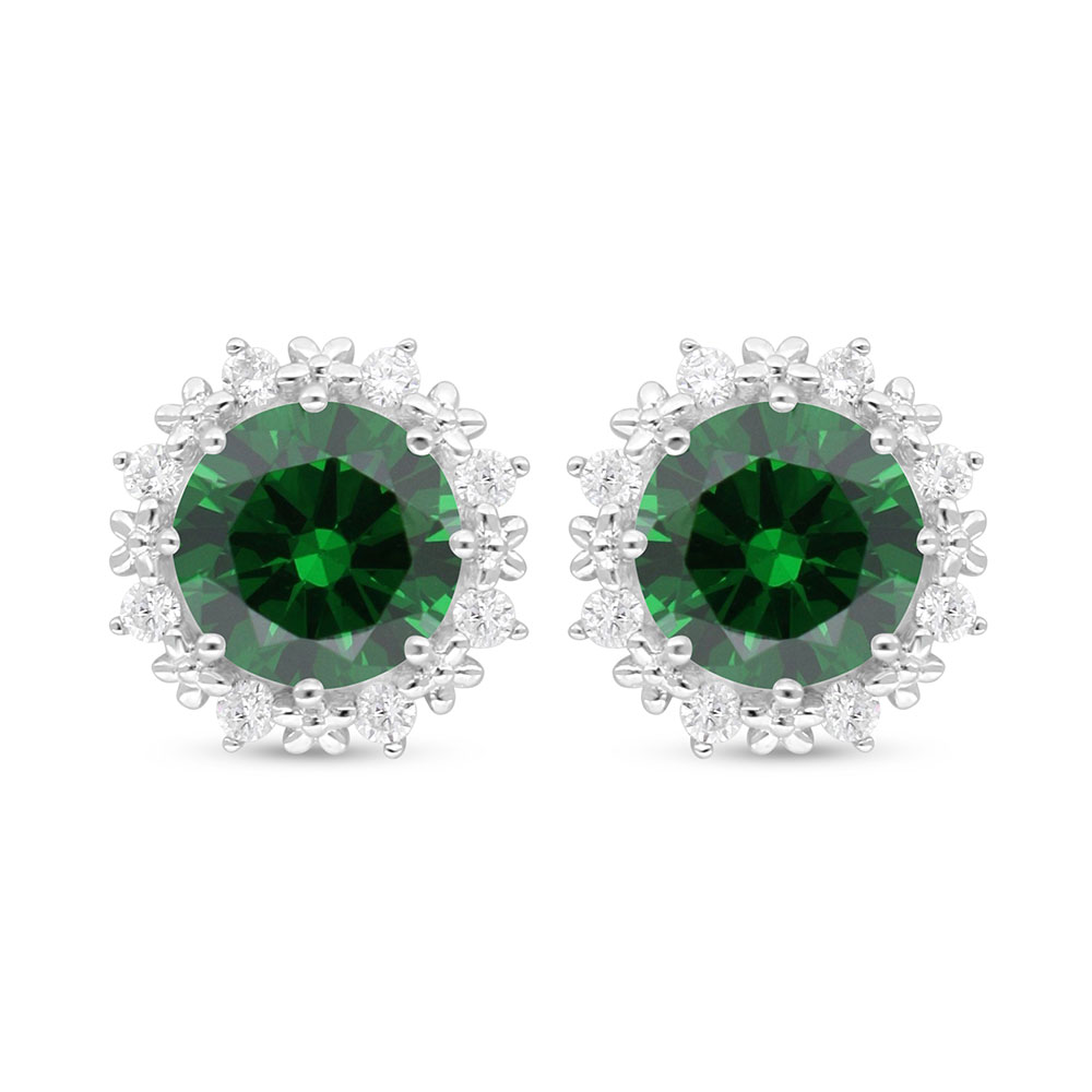 Sterling Silver 925 Earring Rhodium Plated Embedded With Emerald Zircon And White Zircon