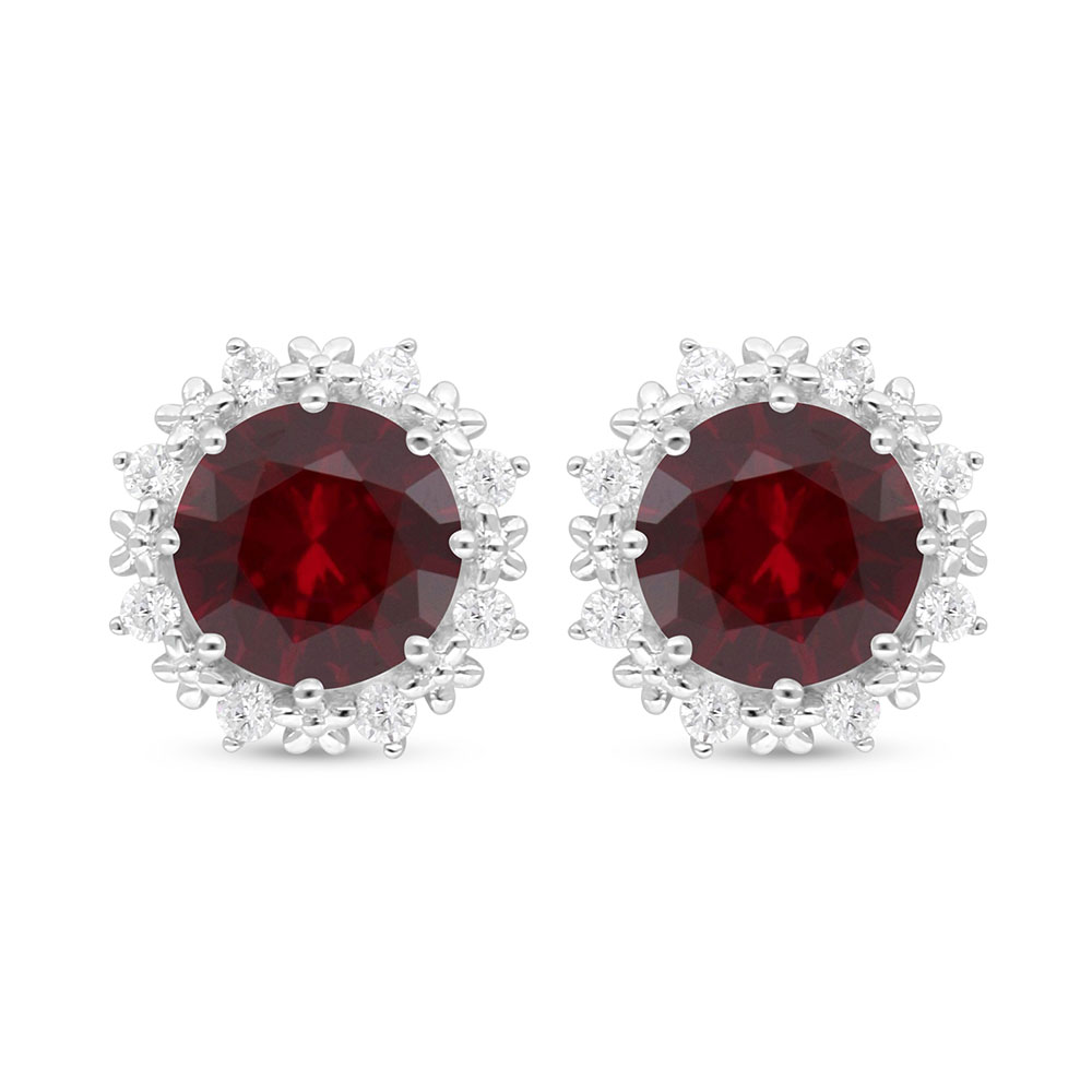 Sterling Silver 925 Earring Rhodium Plated Embedded With Ruby Corundum And White Zircon