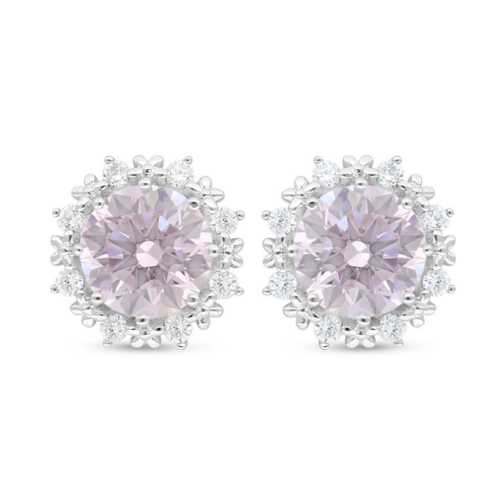 Sterling Silver 925 Earring Rhodium Plated Embedded With Pink Zircon And White Zircon