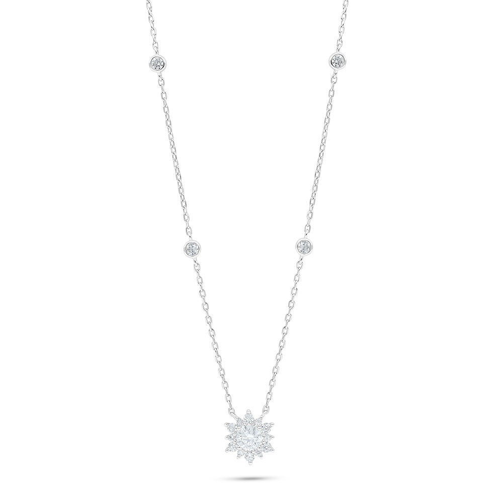 Sterling Silver 925 Necklace Rhodium Plated Embedded With White Zircon