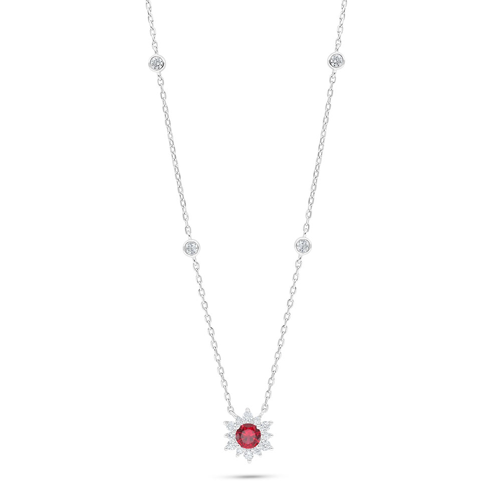 Sterling Silver 925 Necklace Rhodium Plated Embedded With Ruby Corundum And White Zircon