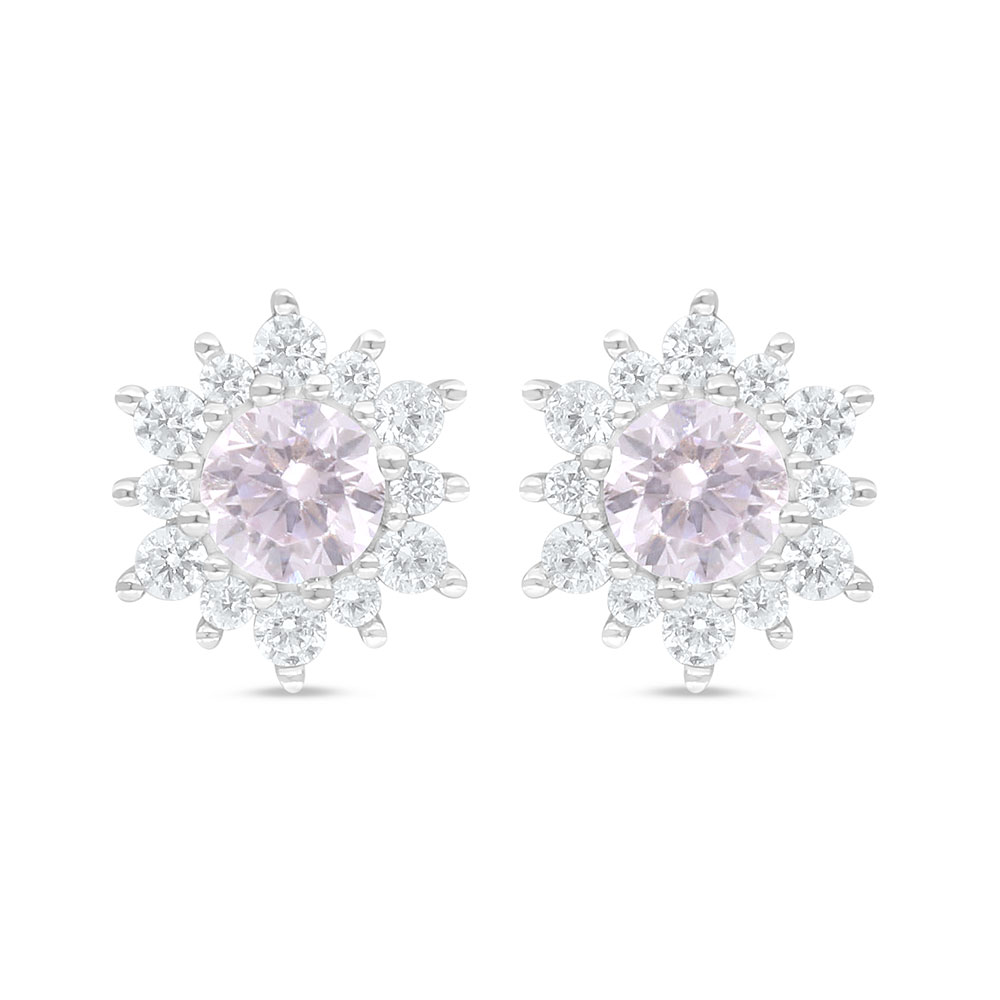 Sterling Silver 925 Earring Rhodium Plated Embedded With Pink Zircon And White Zircon