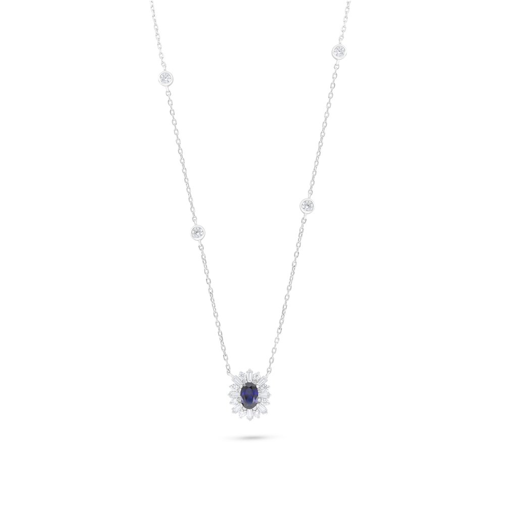 Sterling Silver 925 Necklace Rhodium Plated Embedded With Sapphire Corundum And White Zircon