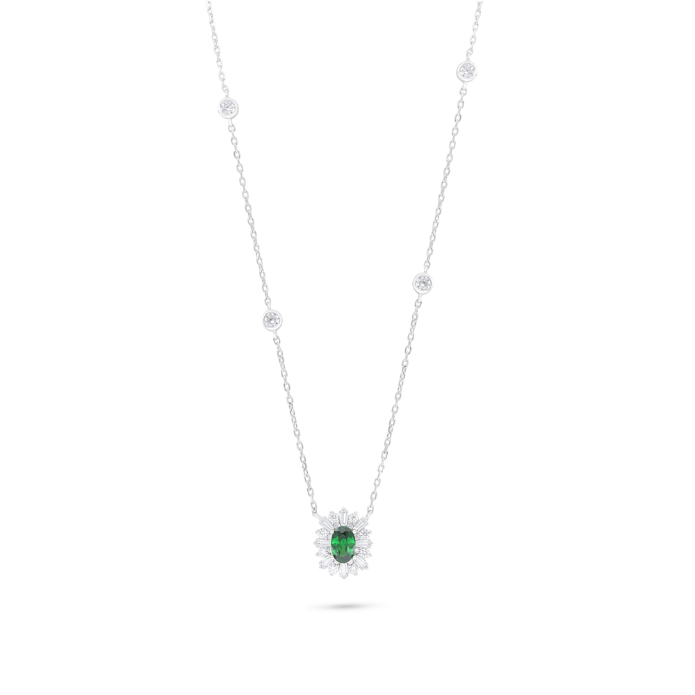 Sterling Silver 925 Necklace Rhodium Plated Embedded With Emerald Zircon And White Zircon