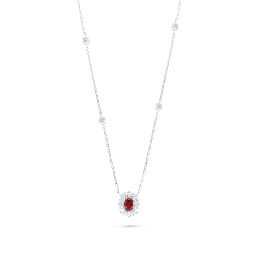 Sterling Silver 925 Necklace Rhodium Plated Embedded With Ruby Corundum And White Zircon