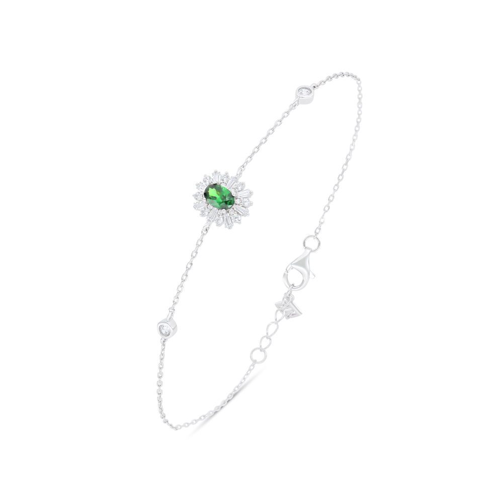 Sterling Silver 925 Bracelet Rhodium Plated Embedded With Emerald Zircon And White Zircon