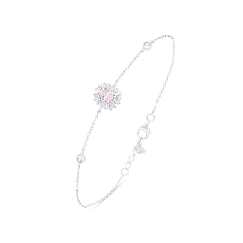 Sterling Silver 925 Bracelet Rhodium Plated Embedded With Pink Zircon And White Zircon