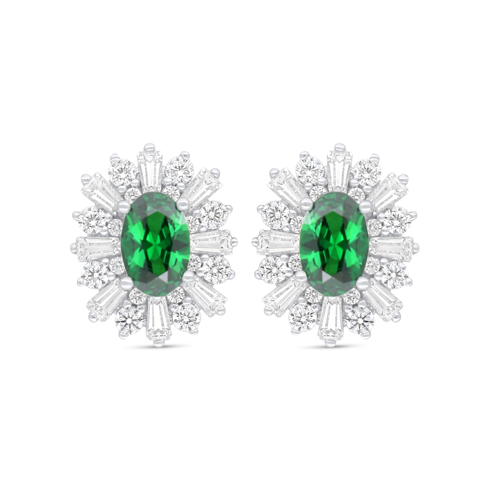 Sterling Silver 925 Earring Rhodium Plated Embedded With Emerald Zircon And White Zircon