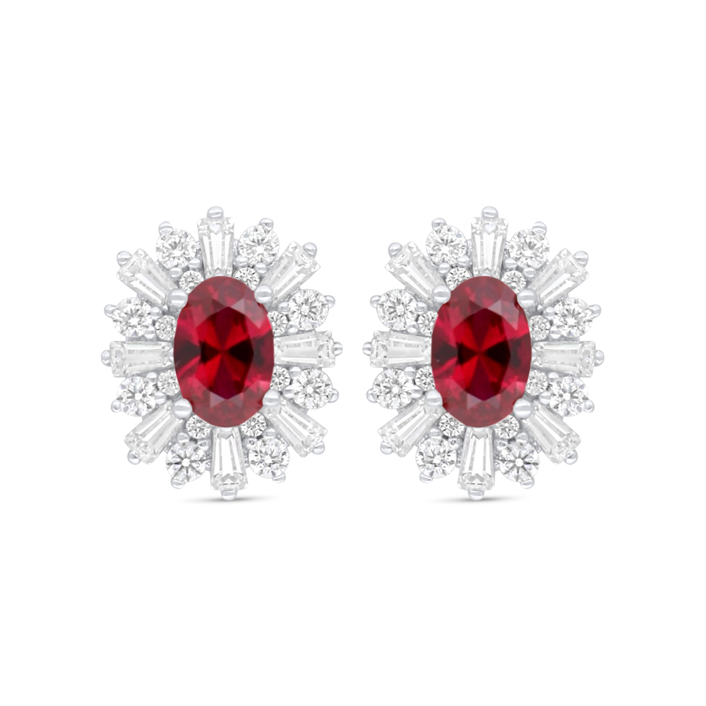 Sterling Silver 925 Earring Rhodium Plated Embedded With Ruby Corundum And White Zircon