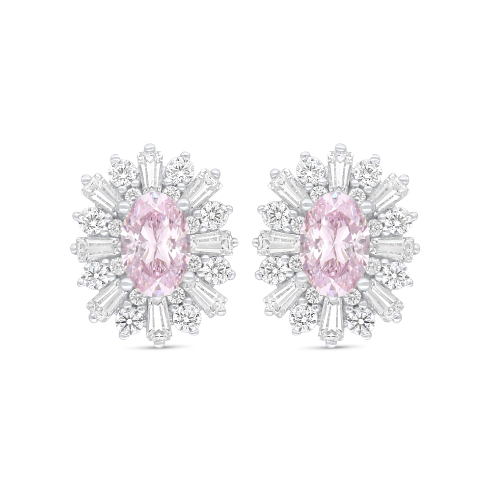 Sterling Silver 925 Earring Rhodium Plated Embedded With Pink Zircon And White Zircon