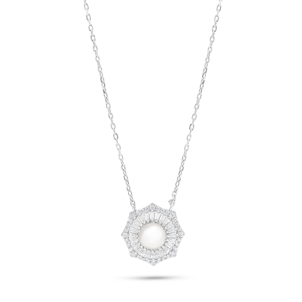 Sterling Silver 925 Necklace Rhodium Plated Embedded With Natural White Pearl And White Zircon 