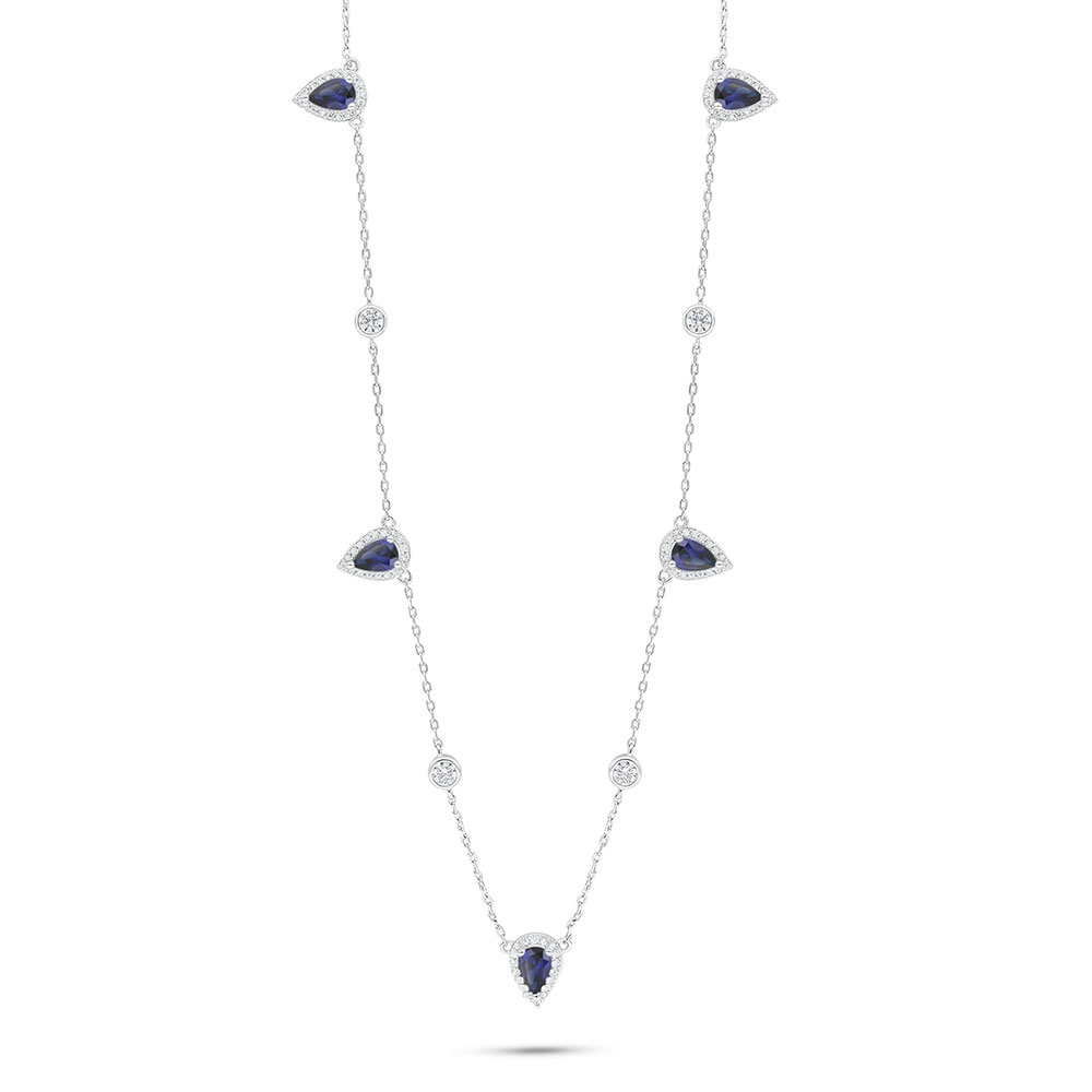 Sterling Silver 925 Necklace Rhodium Plated Embedded With Sapphire Corundum And White Zircon