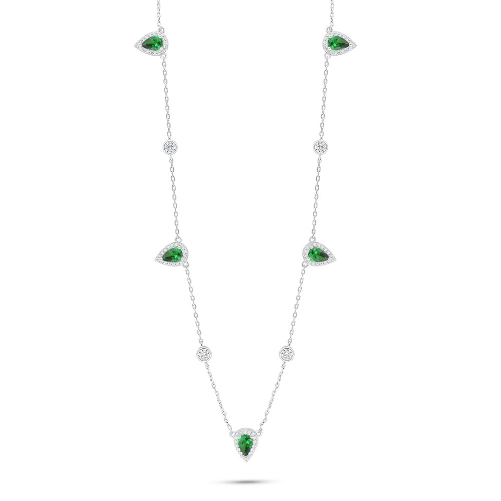 Sterling Silver 925 Necklace Rhodium Plated Embedded With Emerald Zircon And White Zircon