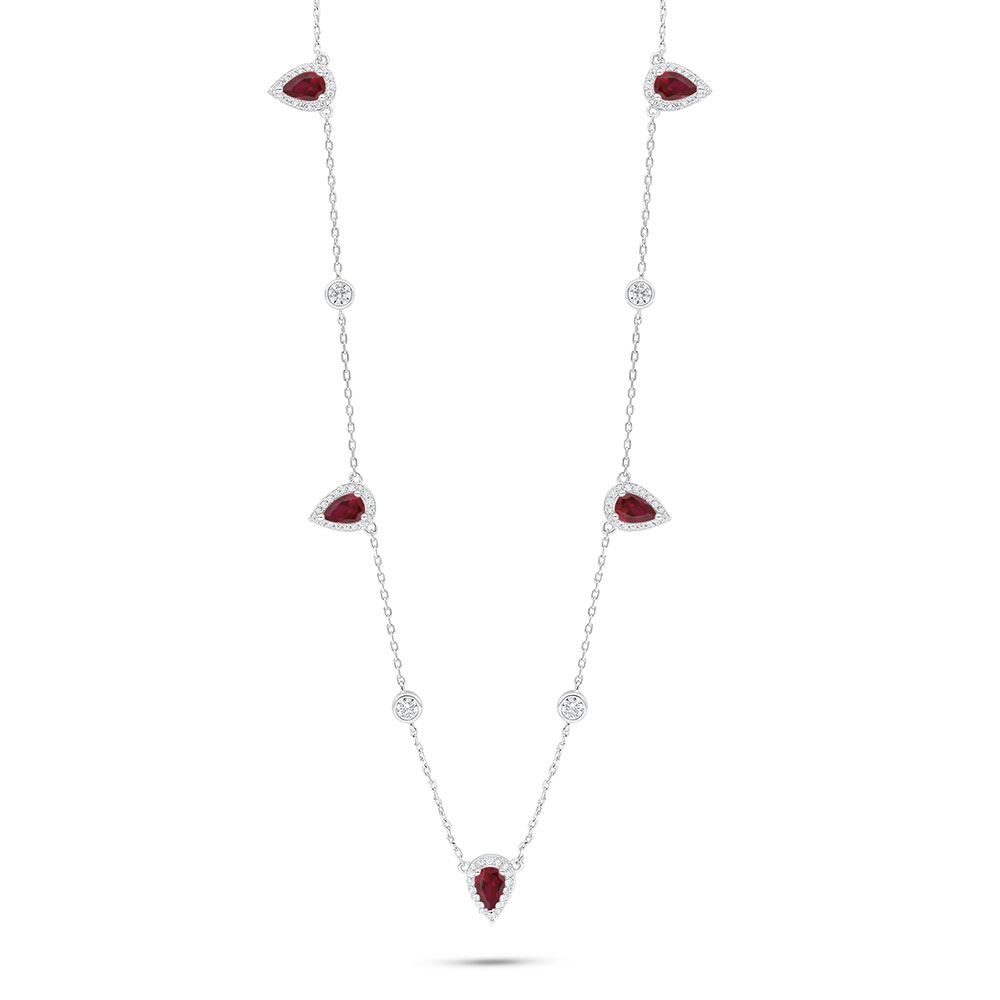 Sterling Silver 925 Necklace Rhodium Plated Embedded With Ruby Corundum And White Zircon