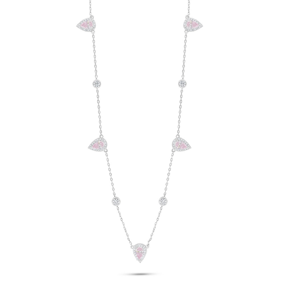 Sterling Silver 925 Necklace Rhodium Plated Embedded With Pink Zircon And White Zircon